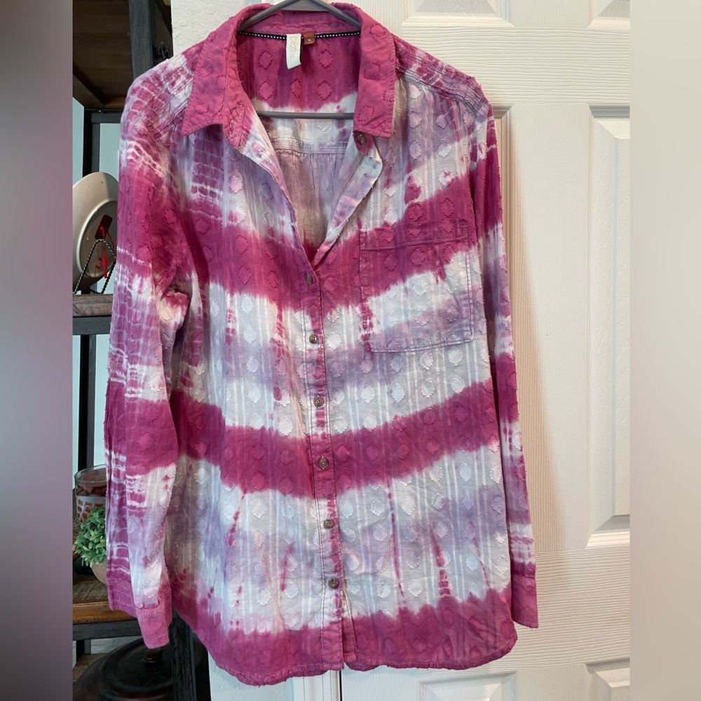 Pilcro Anthropologie Janesse Purple white tie dye button up long sleeve blouse - Picture 3 of 11